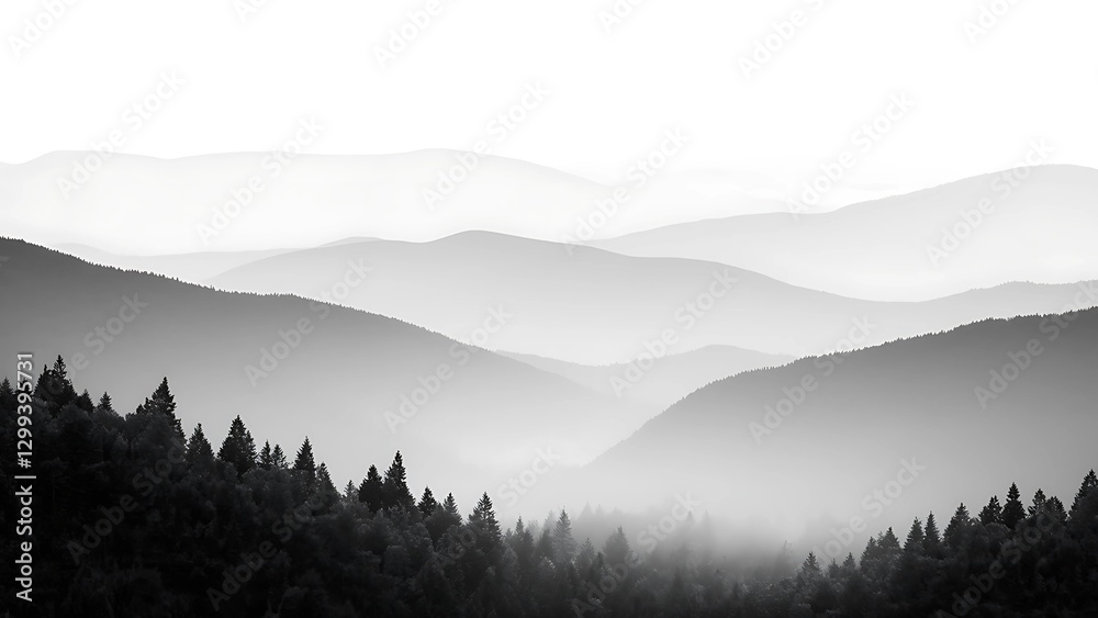 Obraz premium Misty Mountain Landscape – Serene Watercolor Style with Dark Forest