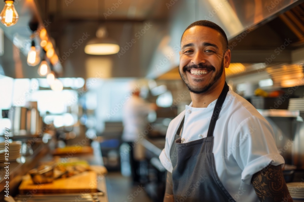 Obraz premium Portrait of a smiling American chef in restaurant kitchen