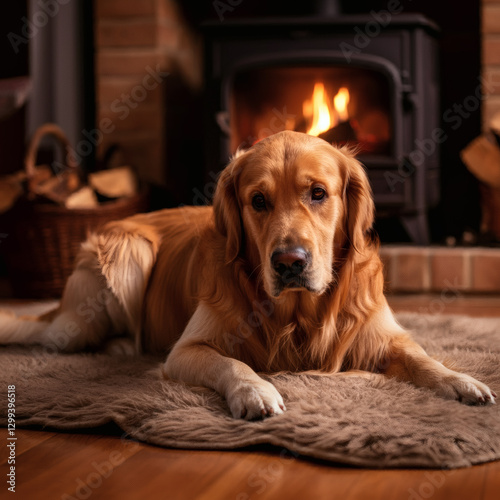 Wallpaper Mural Relaxed Golden Retriever resting on a warm rug near a cozy fireplace, enjoying a peaceful and comforting indoor moment Torontodigital.ca