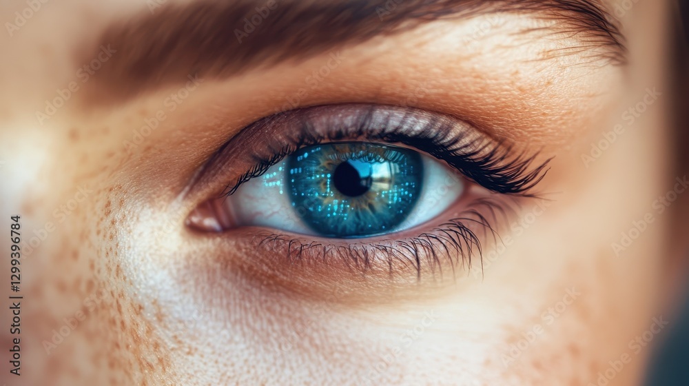 Obraz premium Close-up of female caucasian young adult with freckles and blue eye reflections