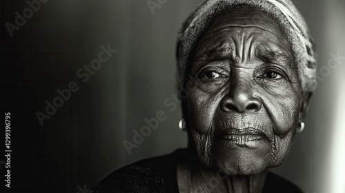 This striking portrait captures the soulful gaze of an elderly woman, reflecting a life rich in experiences and wisdom through her expressive features and serene presence. photo