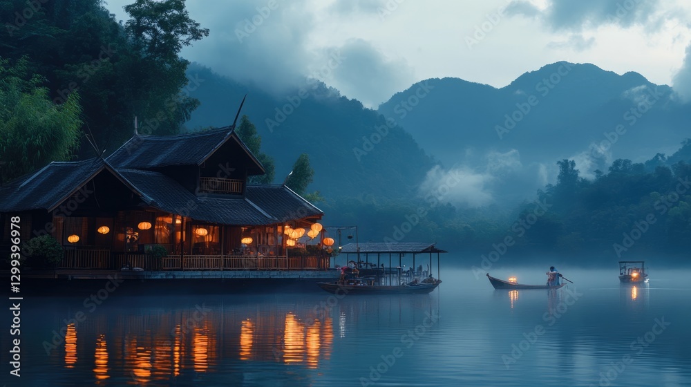 Serene Lakeside House with Illuminated Lanterns at Dusk, Misty Mountains in Background Serene Lakeside House with Illuminated Lanterns at Dusk, Misty Mountains in Background
