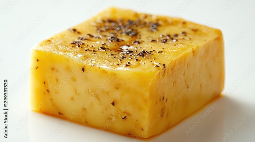 Delicious cube of cheese with black pepper seasoning on white background Delicious cube of cheese with black pepper seasoning on white background