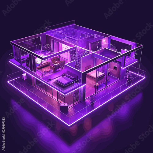 3D plan of the house on the dark purple background