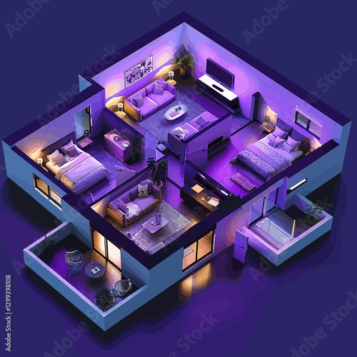 3D plan of the house on the dark purple background