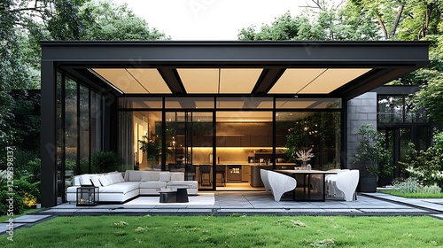 Modern outdoor patio with glass walls high resolution hd photo