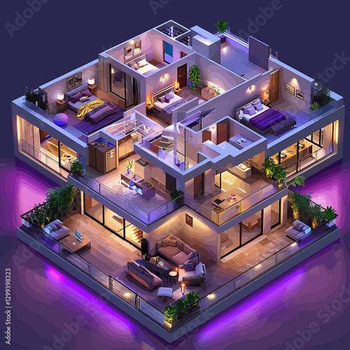 3D plan of the house on the dark purple background