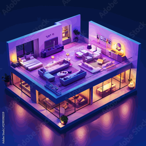 3D plan of the house on the dark purple background