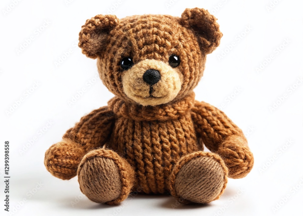 Obraz premium Adorable Brown Knitted Teddy Bear on White Background - Long Exposure Photography