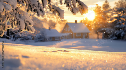 A serene snowy village at dawn with festive lights and decorations photo