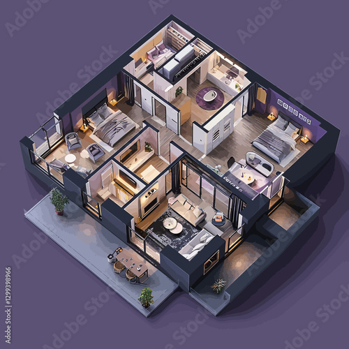 3D plan of the house on the dark purple background