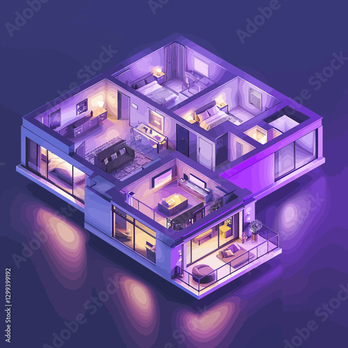 3D plan of the house on the dark purple background