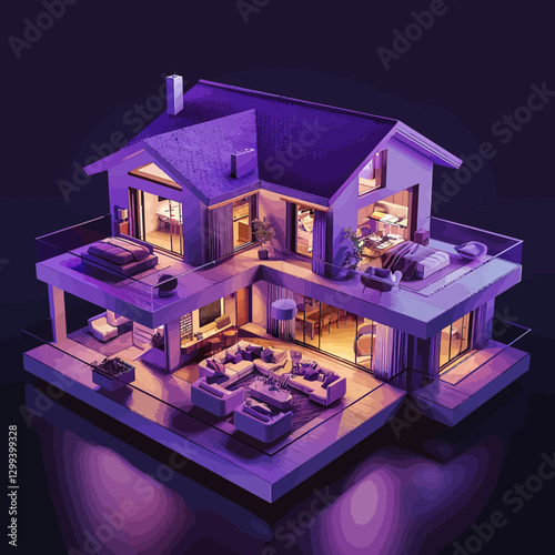 3D plan of the house on the dark purple background