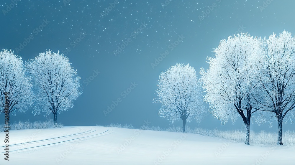 A snow-covered landscape with tree lines and snow footprints in the foreground and a blue sky dotted with stars and falling snowflakes in the background A snow-covered landscape with tree lines and snow footprints in the foreground and a blue sky dotted with stars and falling snowflakes in the background