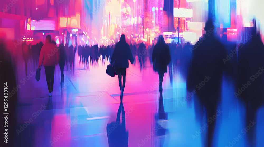 Obraz premium A vibrant urban scene with blurred pedestrians walking in a bustling shopping district, capturing the essence of city life. Movement - Waves. Illustration