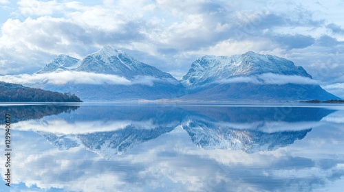 Wallpaper Mural Mountains mirror in lake under cloudy sky in serene, remote winter landscape Torontodigital.ca
