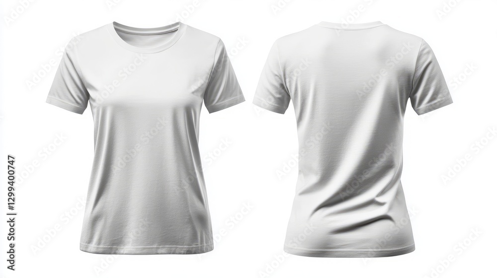 Fototapeta premium For a mockup of two white short-sleeve t-shirts placed side by side with a white background. 