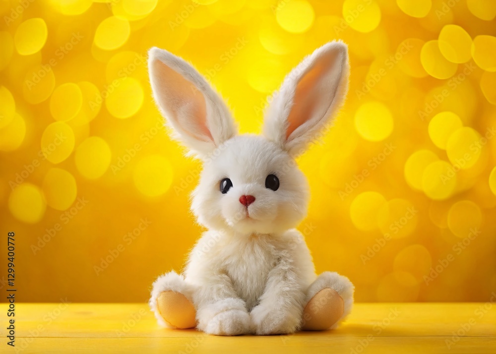Obraz premium Adorable Easter Bunny Plush Toy on Yellow Background - Stock Photo