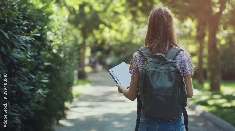 Naklejka premium Walking forward and holding notepad. Schoolgirl with backpack is outdoors