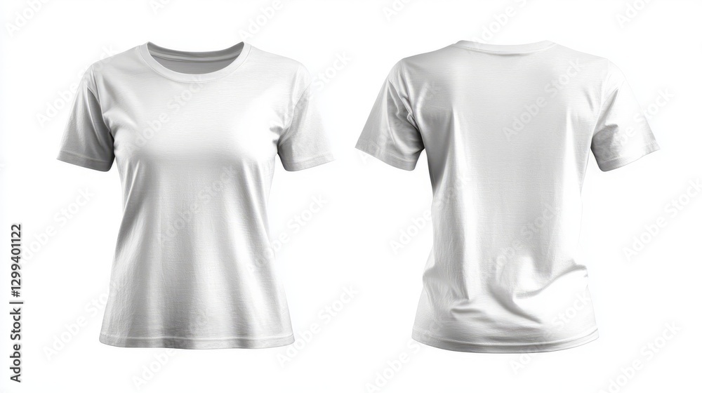 For a mockup of two white short-sleeve t-shirts placed side by side with a white background. For a mockup of two white short-sleeve t-shirts placed side by side with a white background.