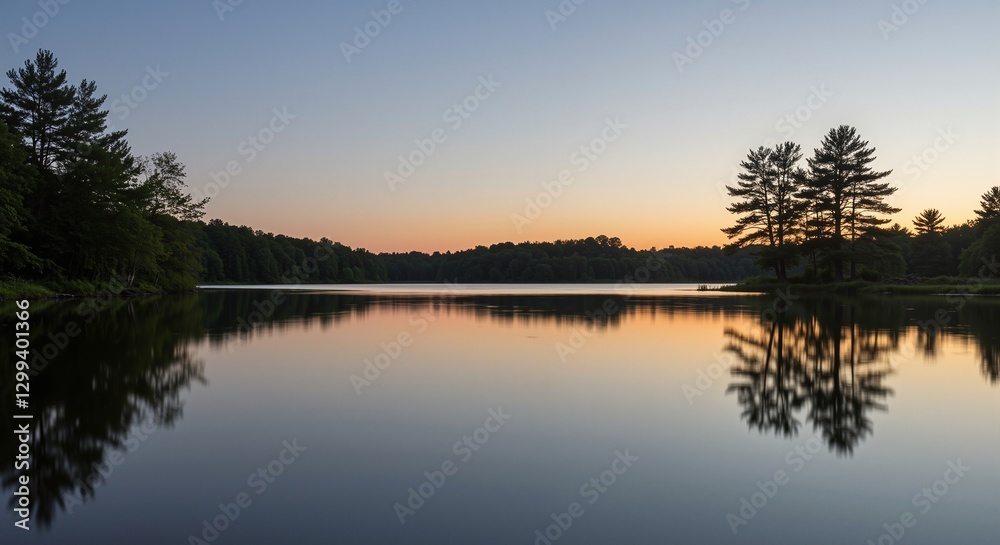 Serene lake landscape reflecting twilight hues with silhouettes of trees in the foreground, creating a tranquil atmosphere Serene lake landscape reflecting twilight hues with silhouettes of trees in the foreground, creating a tranquil atmosphere