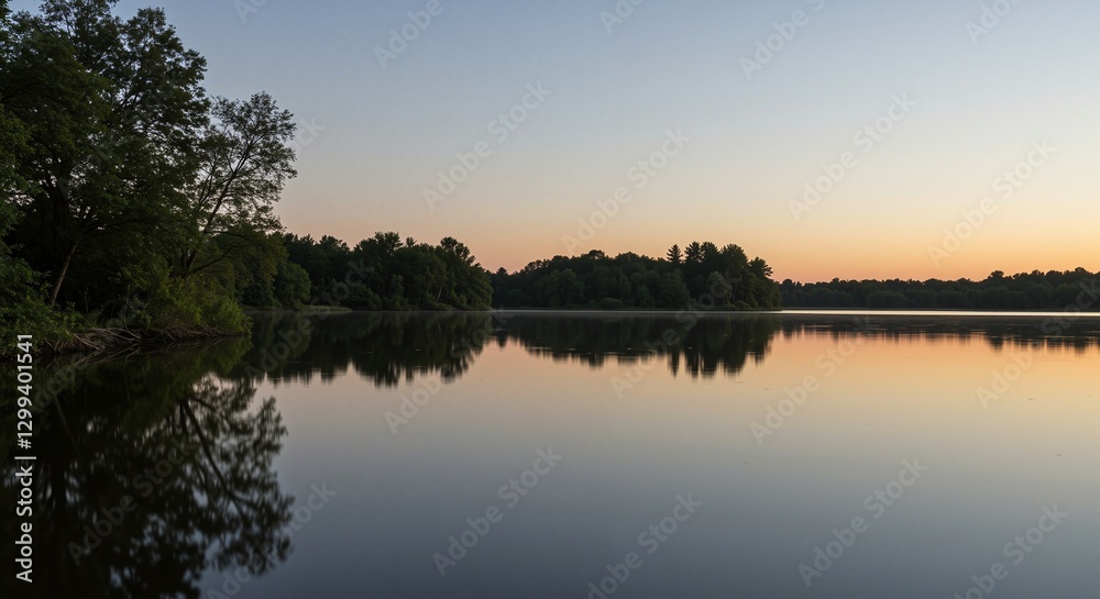 Tranquil lake reflecting the serene twilight sky surrounded by lush green trees and gentle hills Tranquil lake reflecting the serene twilight sky surrounded by lush green trees and gentle hills