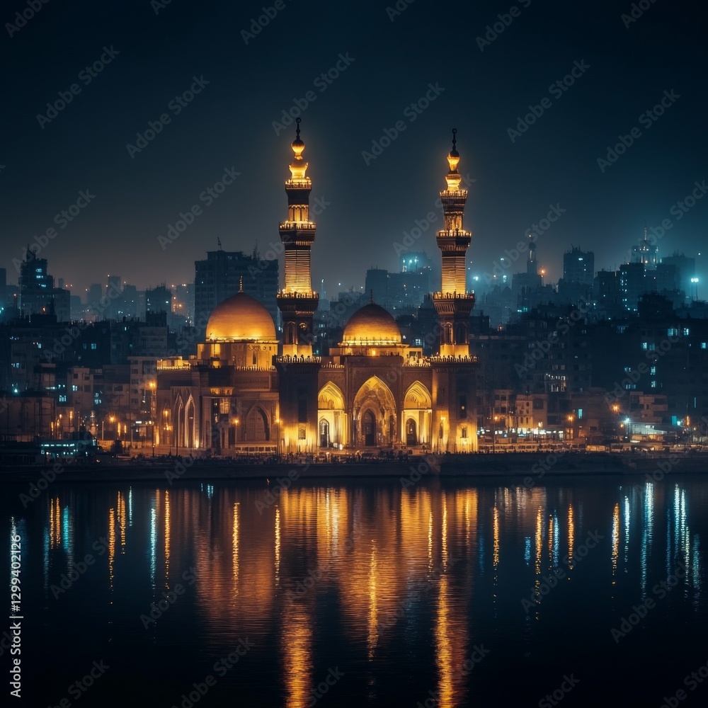 Obraz premium Illuminated Mosque Reflecting on Night River