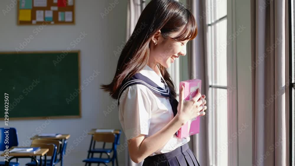 A student in uniform smiles while holding books, standing by a window. The side angle captures a bright, cheerful classroom video scene. A student in uniform smiles while holding books, standing by a window. The side angle captures a bright, cheerful classroom video scene.
