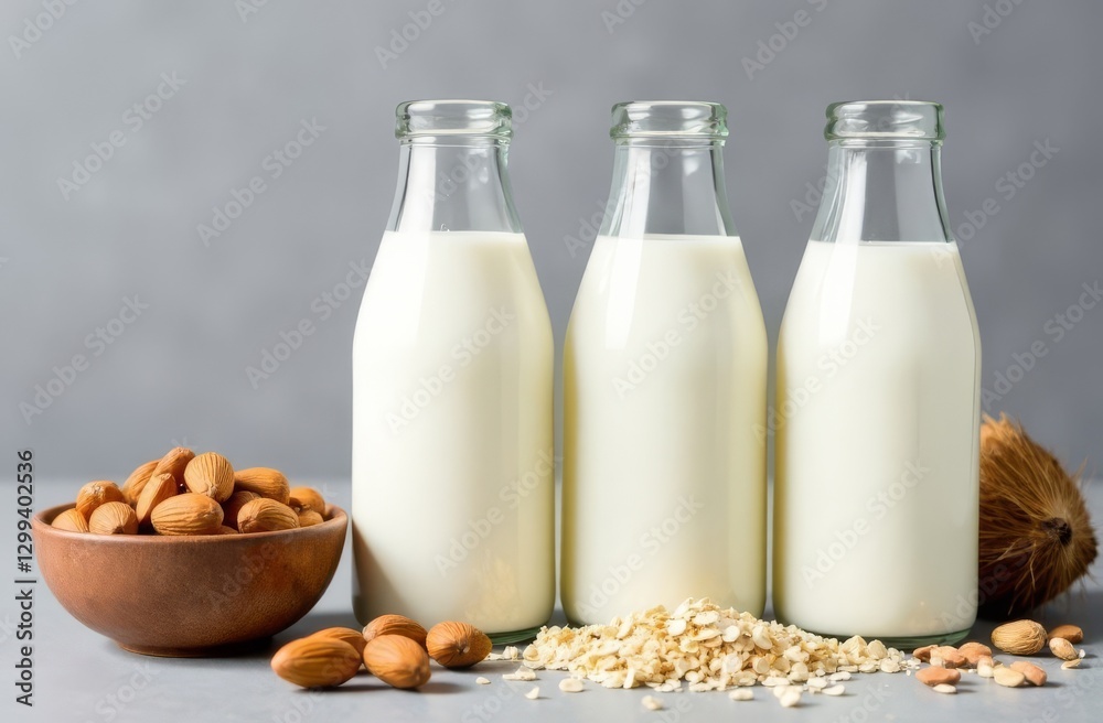 Bottles of alternative milk with coconut and almonds stand on a white background. Glass bottle of coconut and almond milk. Assorted alternative milks. Lactose-free product. Bottles of alternative milk with coconut and almonds stand on a white background. Glass bottle of coconut and almond milk. Assorted alternative milks. Lactose-free product.