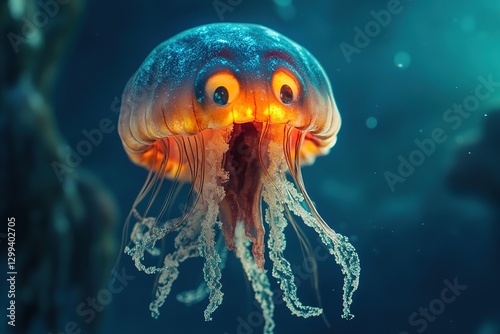 An expressive cartoon jellyfish floating in the deep blue ocean water