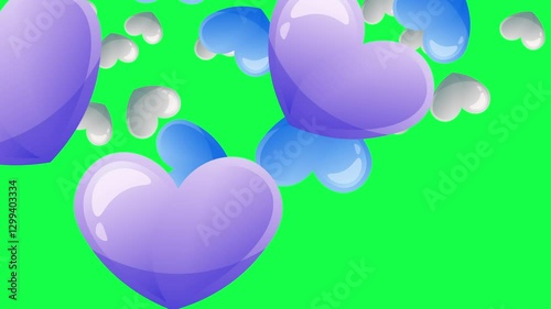 Bright hearts falling on green background. Mockup for video with hearts. Background for festive video. 