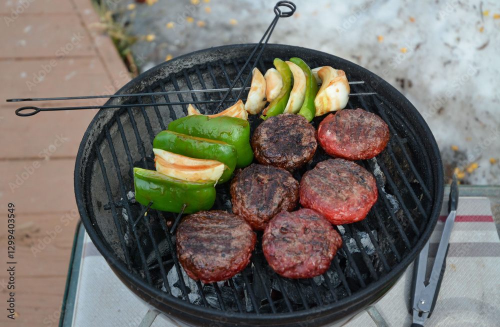 Winter grilling hamburgers with Moxie.