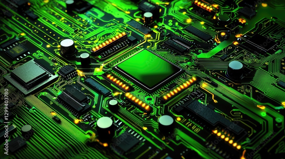 Green Circuit Board Closeup Central Processing Unit, Technology, Electronics, Data, Innovation Green Circuit Board Closeup Central Processing Unit, Technology, Electronics, Data, Innovation