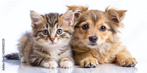 Adorable Kitten and Puppy Friends: High-Resolution Stock Photo of Cute Pets Isolated on White