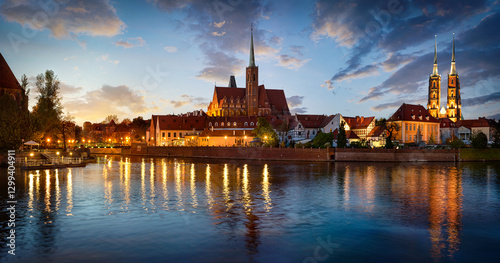 Panoramic evening view on Wroclaw Old Town. Island and Cathedral of St John with bridge through river Odra. Wroclaw, Poland.