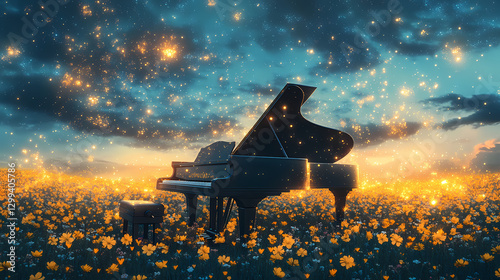 Starry grand piano field flowers inspiring dream heavy atmosphere streaming sparkling brilliant lights. Dream - Clouds. Illustration