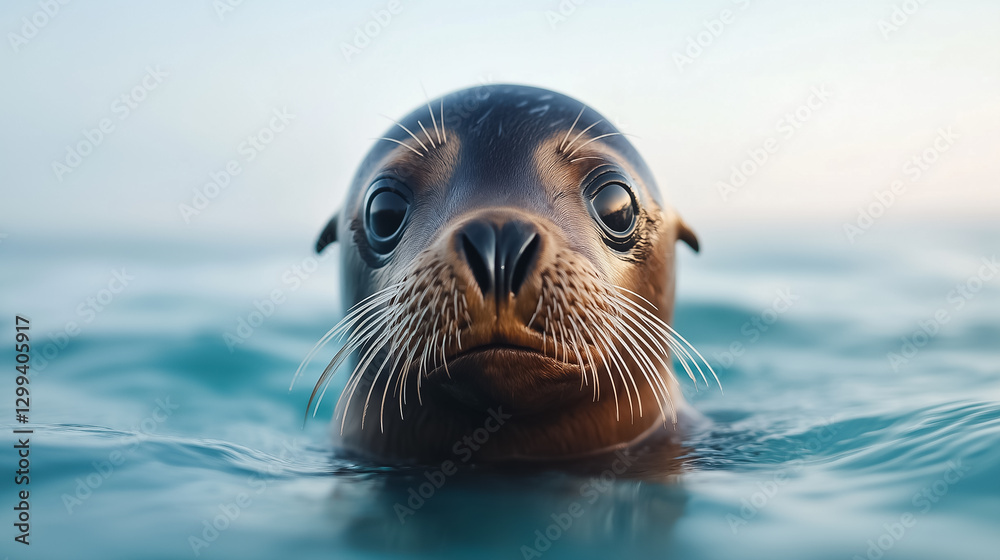 Fototapeta premium A rehabilitated sea lion emerges from the calm blue waters, its expressive eyes glistening with life as it makes its way back to the open ocean at dawn, symbolizing hope and recovery