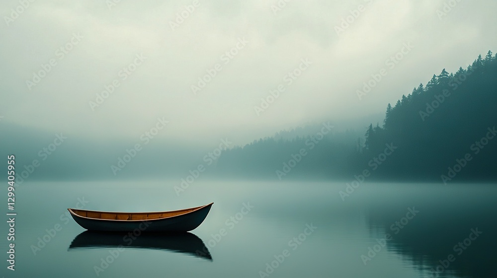 Fototapeta premium A small boat floats on a foggy lake beside a lush green forest