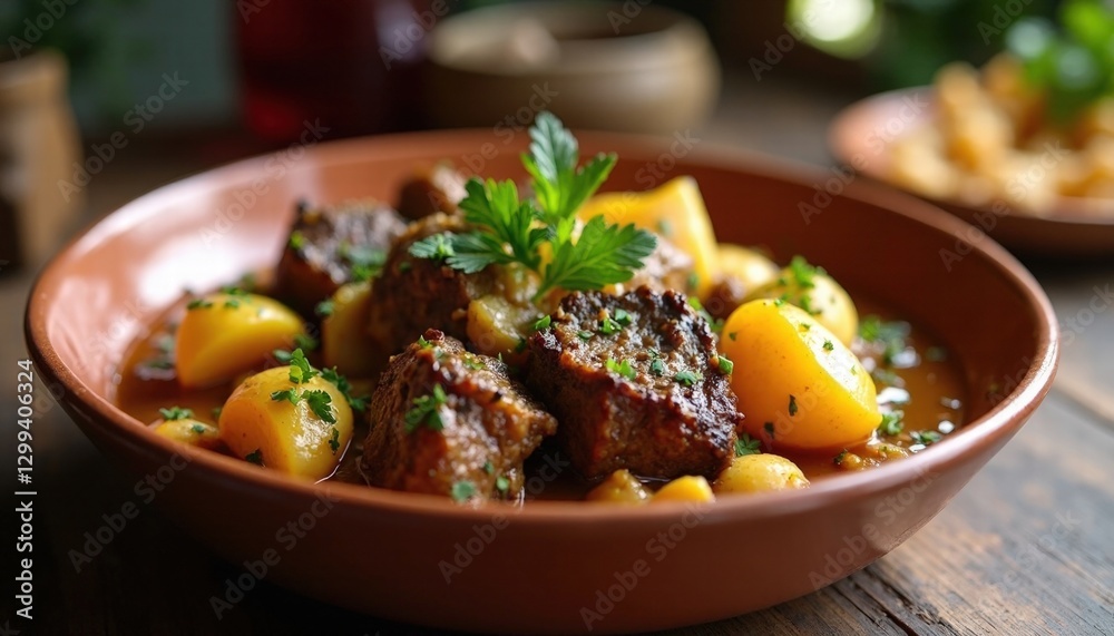 Peruvian Lamb Stew with Potatoes in Rustic Bowl Peruvian Lamb Stew with Potatoes in Rustic Bowl