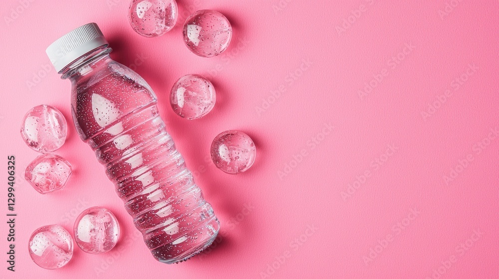 Chilled water bottle, ice cubes, pink background; hydration, refreshment