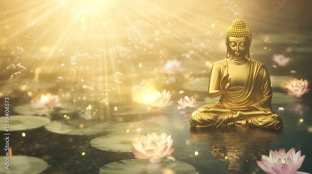 Golden Buddha statue bathed in divine light rays surrounded by pink lotus flowers. Ethereal spiritual, water reflections. Enlightenment, divine connection. Buddhist meditation retreats, spiritual. Golden Buddha statue bathed in divine light rays surrounded by pink lotus flowers. Ethereal spiritual, water reflections. Enlightenment, divine connection. Buddhist meditation retreats, spiritual.