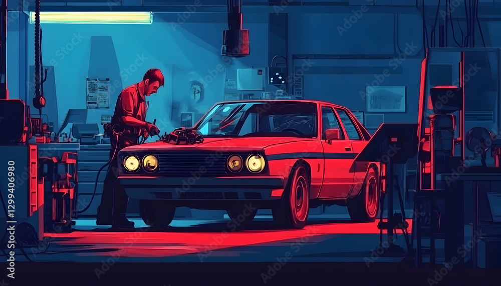 Fototapeta premium Male auto mechanic at work. Car repair. Auto service center. Vehicle maintenance work