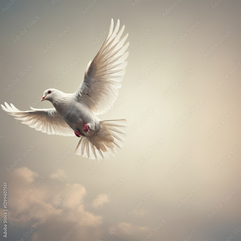 Obraz premium Graceful white dove soaring with open wings against a clear blue sky, symbolizing peace, freedom, and spiritual harmony