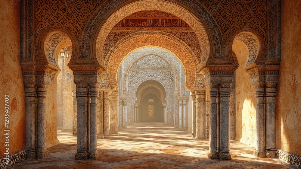 Fototapeta premium Sunlit Hallway of Intricate Arches and Columns