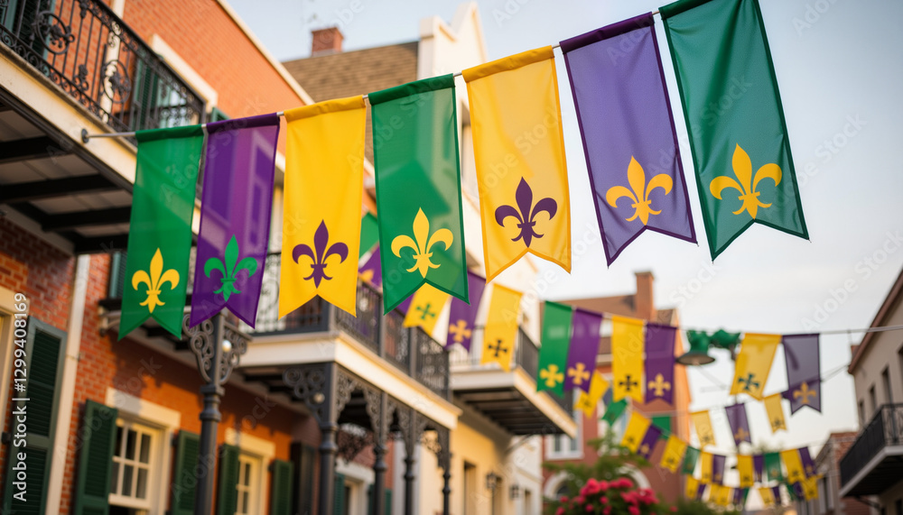 Fototapeta premium Classic Mardi Gras banners waving in historic district, festive spirit