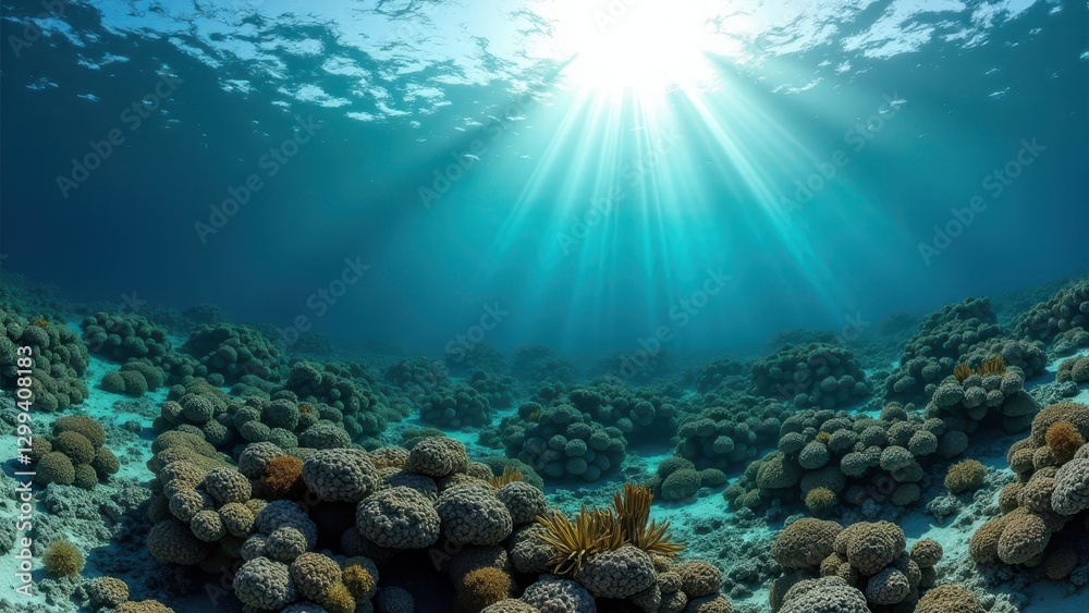 Obraz premium Underwater view of a coral reef affected by bleaching with sunlight streaming down 