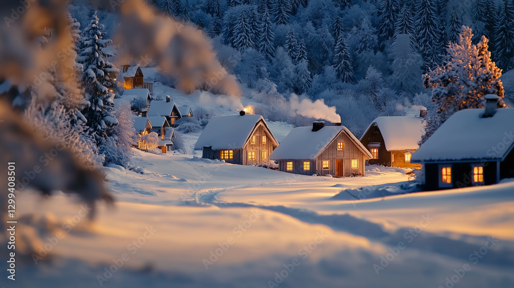 Fototapeta premium A serene snowy village nestled in a quiet valley