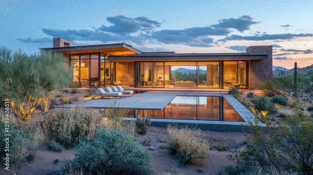 Modern desert house with infinity pool at sunset. Modern desert house with infinity pool at sunset.