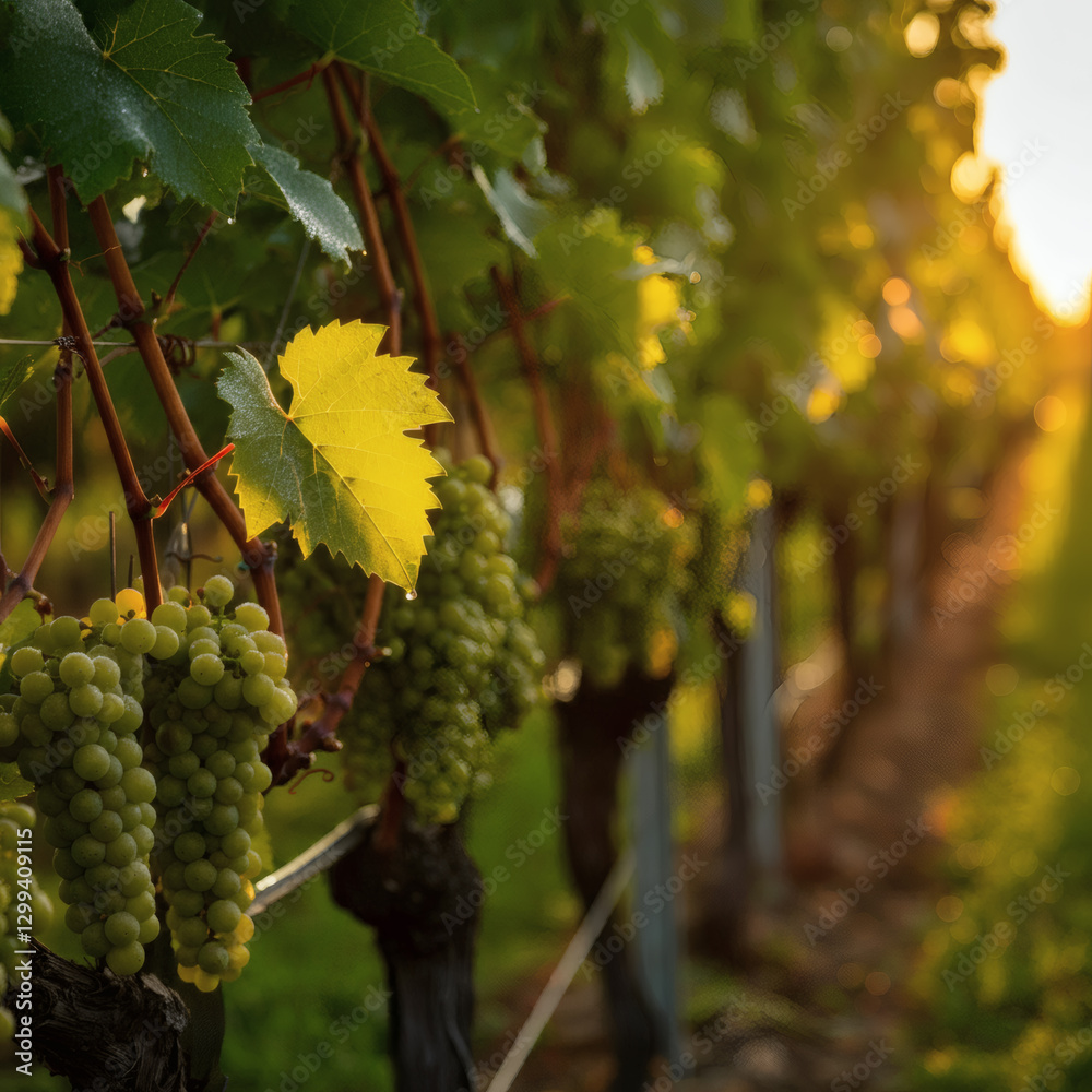 Fototapeta premium Lush green vineyard with ripe grape clusters bathed in warm golden sunset light, symbolizing harvest, wine production, and abundance