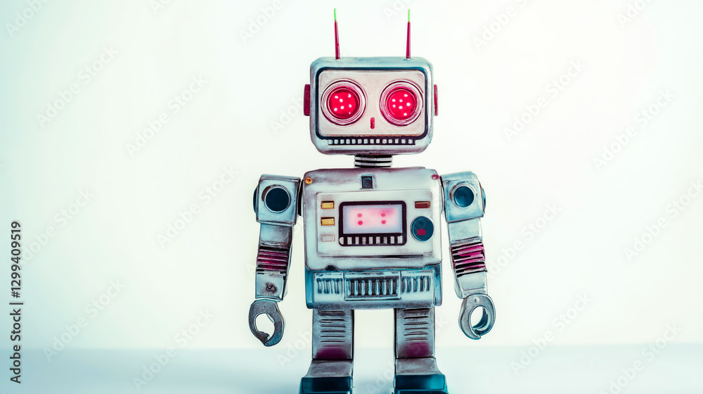 Fototapeta premium Retro robot toy with red eyes on white background